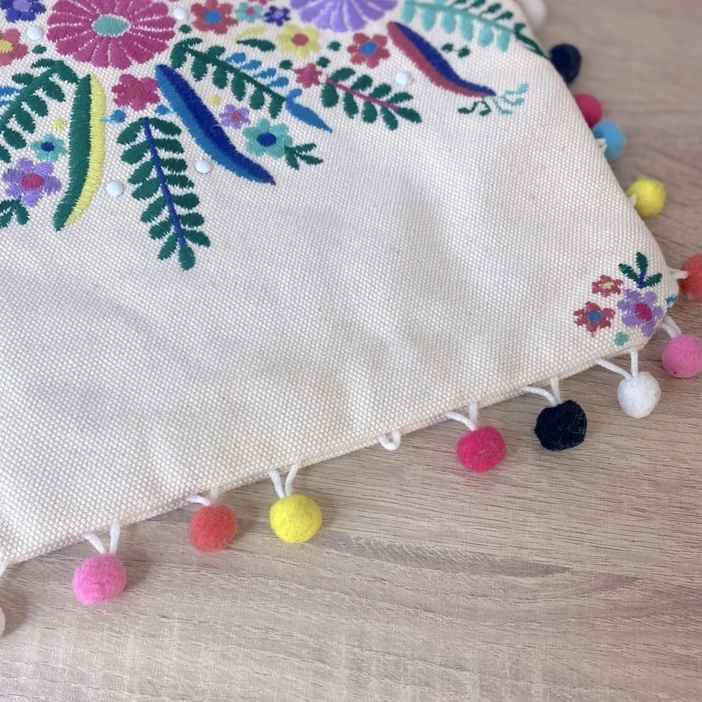 Steven By Steve Madden Jyme Colorful Embroidered Pom Pom Clutch Pouch Natural